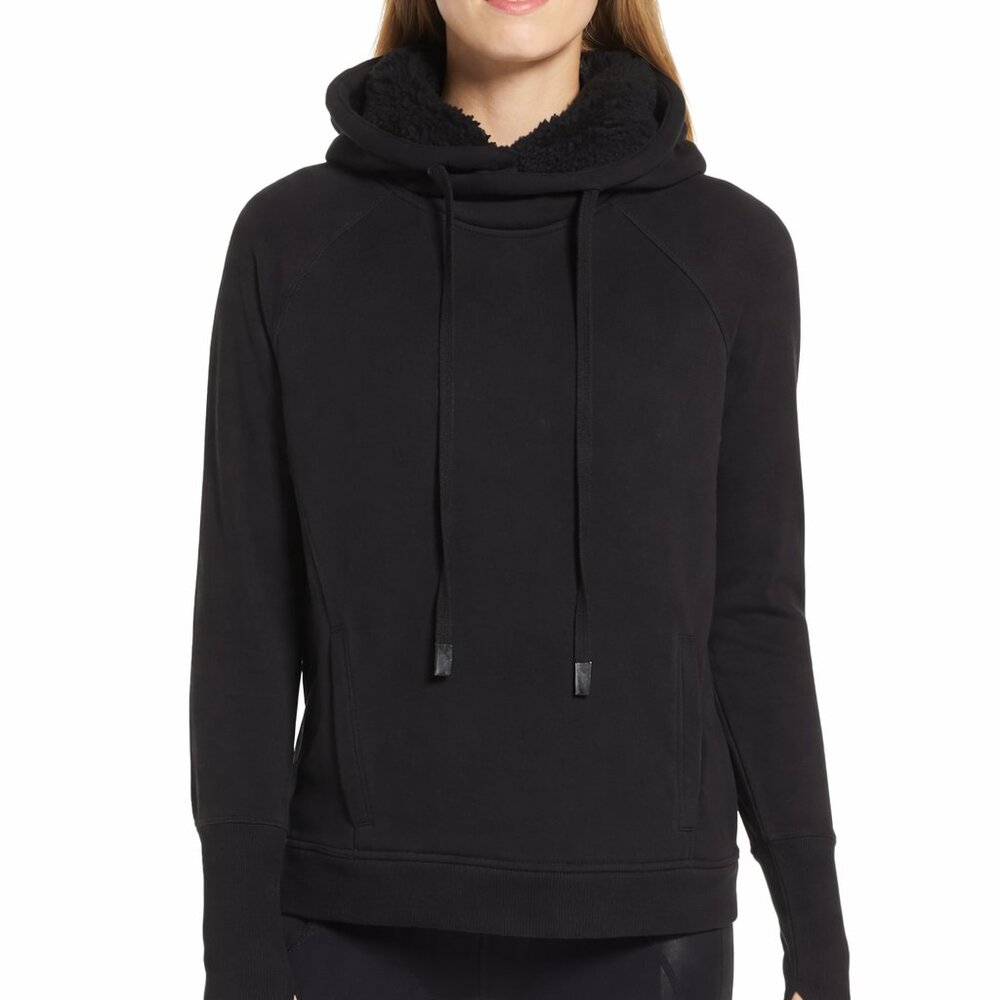Alo Yoga Frost Faux Shearling Lined Hoodie Black Cozy Pullover Small